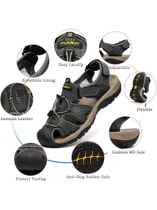 Mens Grey Closed Toe Leather Athletic Outdoor Hiking Sport Casual Sandal Shoes